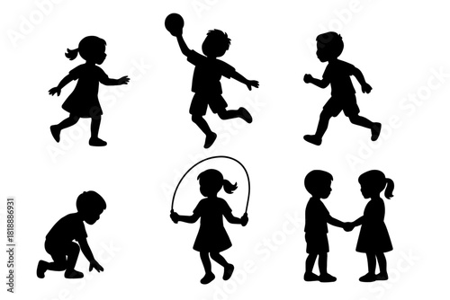 Black silhouettes showing young children playing, running, jumping, and skipping rope