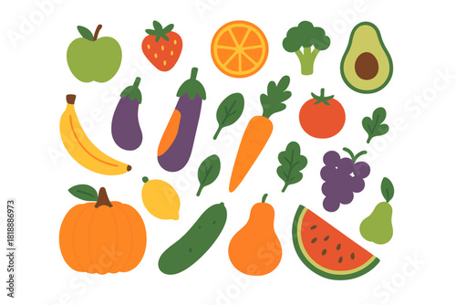 Colorful collection of fresh fruits and vegetables arranged randomly on a white background