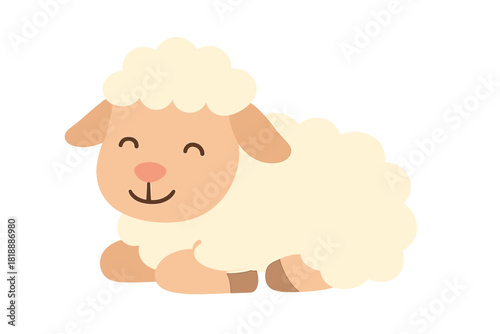 Cheerful cartoon sheep character sitting peacefully with fluffy wool and a friendly smile