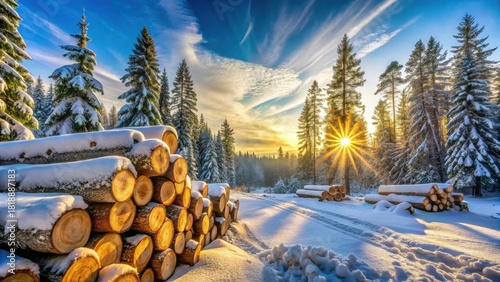 Winter Wonderland Sunbeams Illuminate Snow-Covered Logs and Majestic Evergreens in a Serene Forest Scene