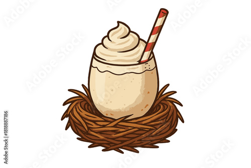 Festive egg-shaped milkshake with whipped cream and a striped straw nestled in a brown bird's nest