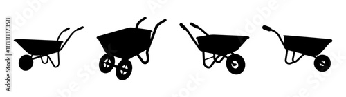 Set of four black wheelbarrow silhouettes for gardening and construction projects