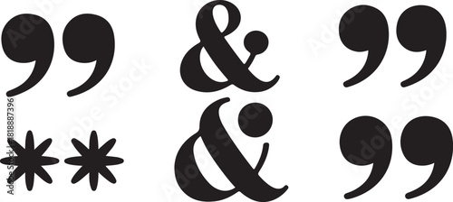 Black graphic elements including quotation marks ampersands and stars