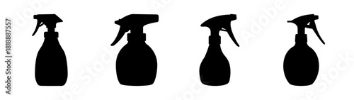 Set of four black silhouette spray bottles in various orientations for cleaning and gardening applications