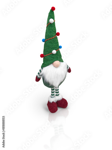 Festive Christmas gnome doll with a tall green hat decorated like a Christmas tree, colorful pom-pom ornaments, striped socks, fluffy white beard and red shoes. Isolated on a clean white background. 