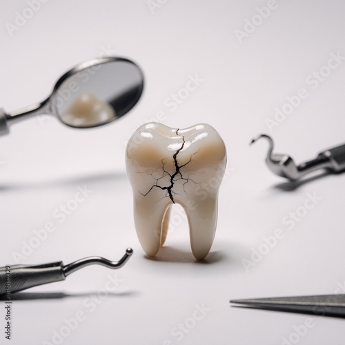 Cool cracked tooth and dental tools against a white background