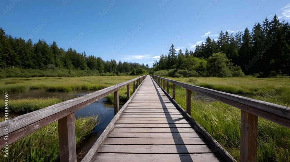 Naklejka premium A wooden boardwalk extends through a serene marshland towards a dense forest under a clear blue sky