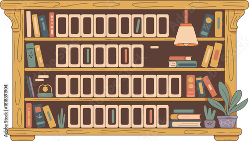 Cozy illustration of a wooden bookshelf with books and plants