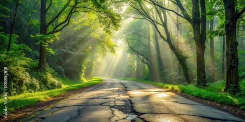 Serene Forest Road Sunbeams Illuminate a Misty Path Through Lush Green Canopy