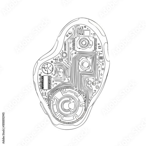 Intricate illustration showcases the inner workings of a futuristic, abstract device, revealing complex circuitry and technological components in monochrome.