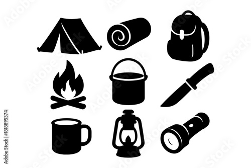 Camping essentials: icons of tent, backpack, and campfire.