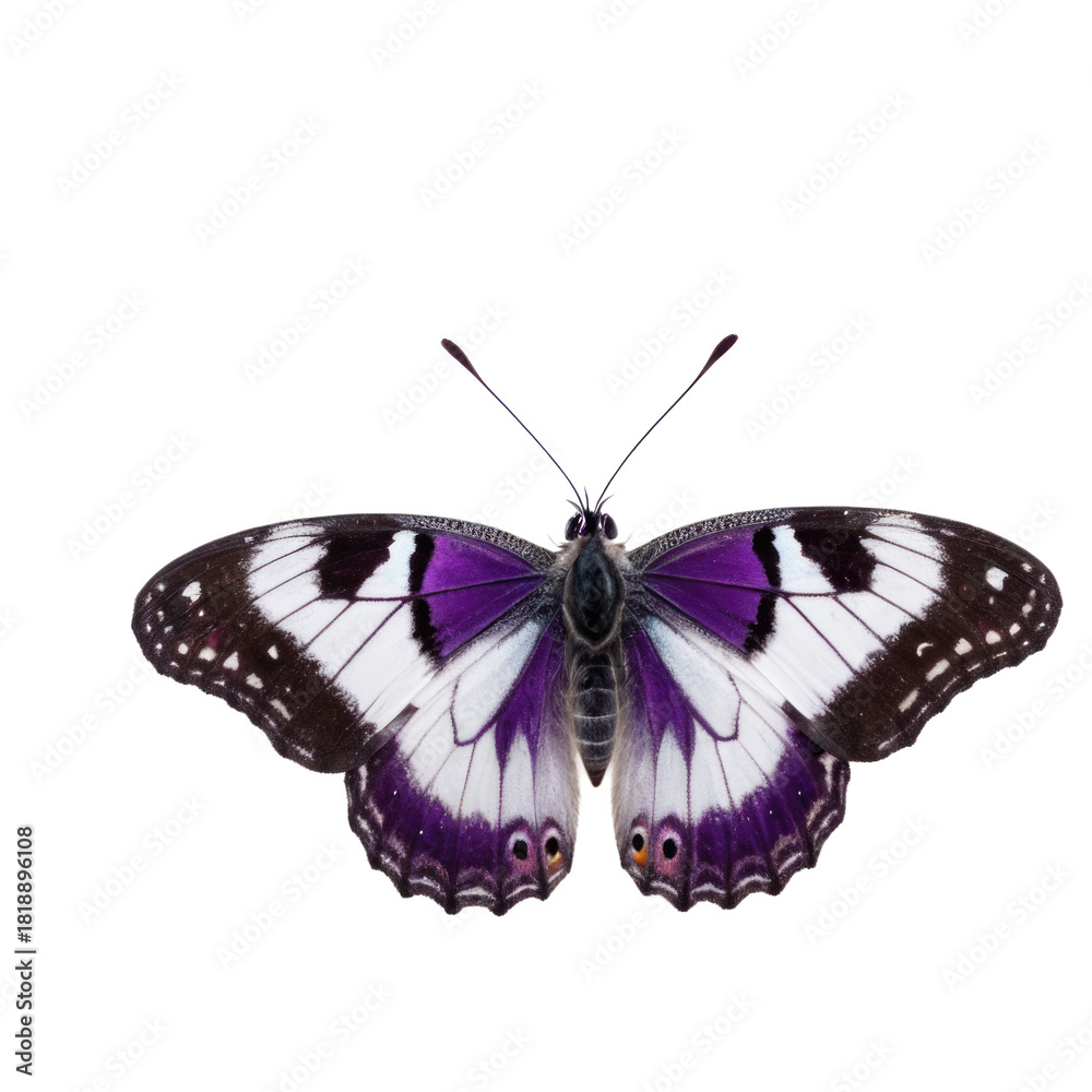 Obraz premium A beautiful purple and white butterfly perched on a white background, waiting for its next adventure