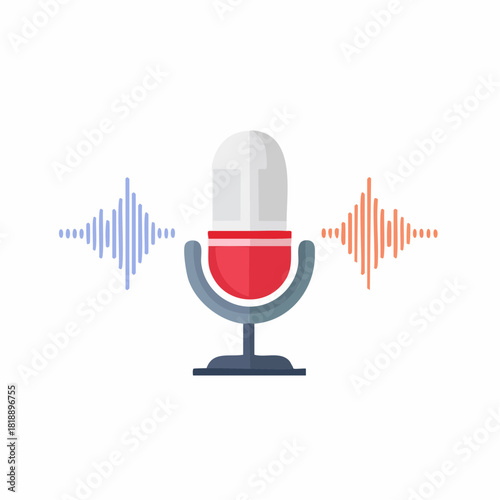 Modern microphone with vibrant audio spectrum waves for voice recording and podcasting illustration