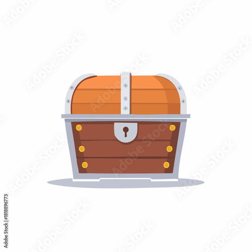Closed wooden treasure chest with golden studded metal details and a distinctive keyhole design