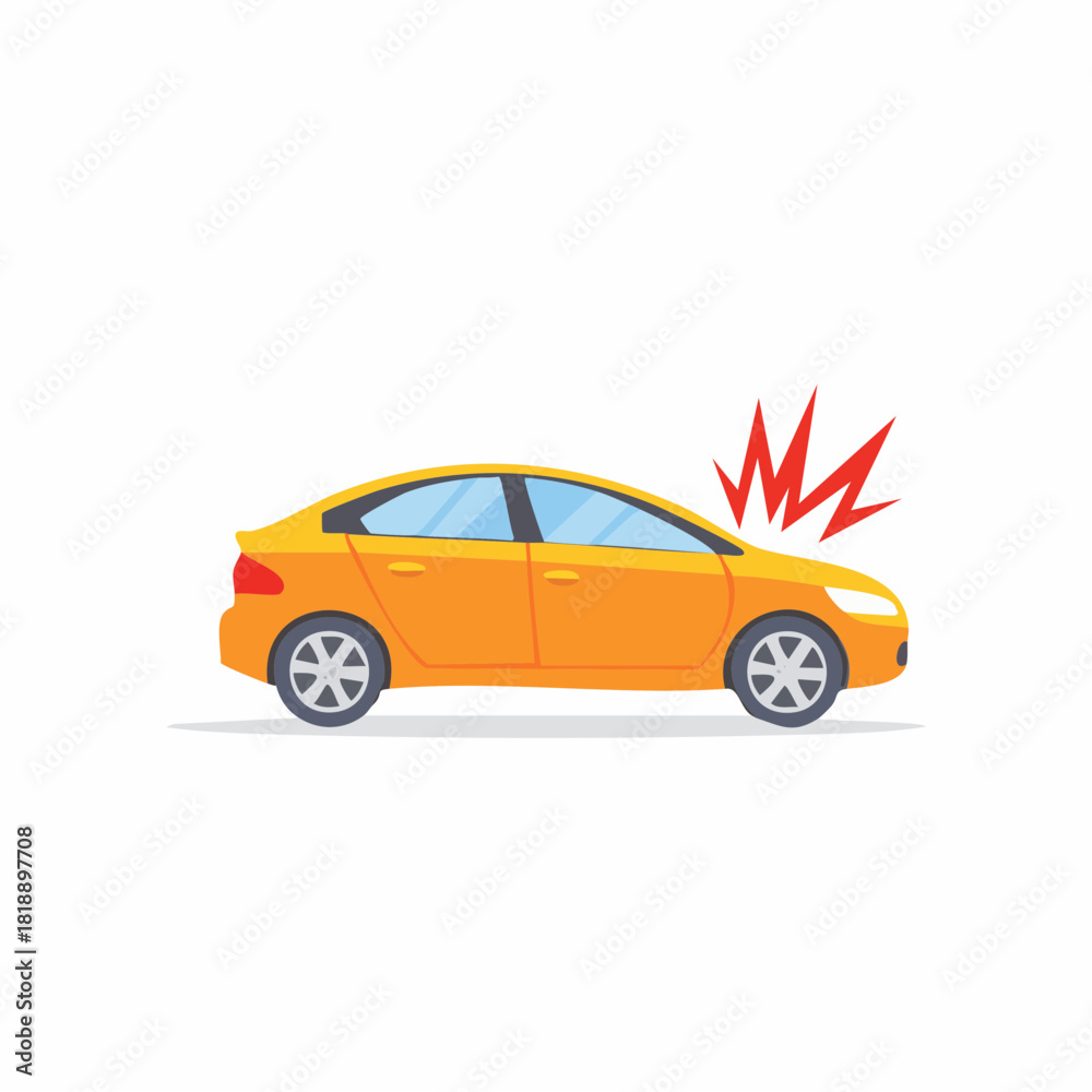Obraz premium Yellow sedan car with prominent red impact symbol depicting an accident or collision
