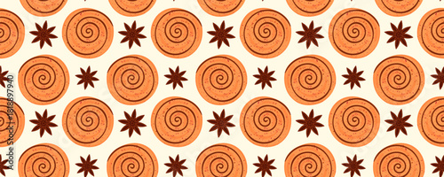 Seamless pattern with cinnamon rolls and star anise. Grunge texture pastry pattern