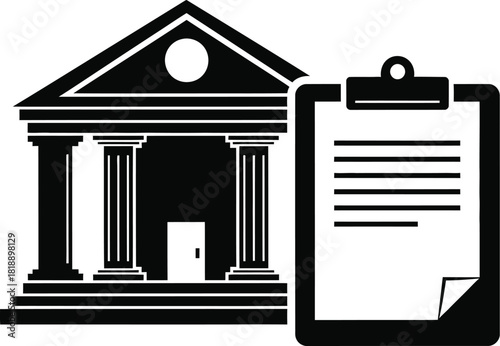 Bank building and clipboard icon for financial audit or compliance