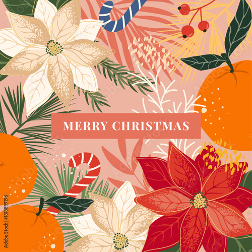 Colorful Christmas Background. Abstract hand draw poinsettia flowers, coniferous branches, tangerines, sweet candies. Banner for congratulations on social media, greeting cards