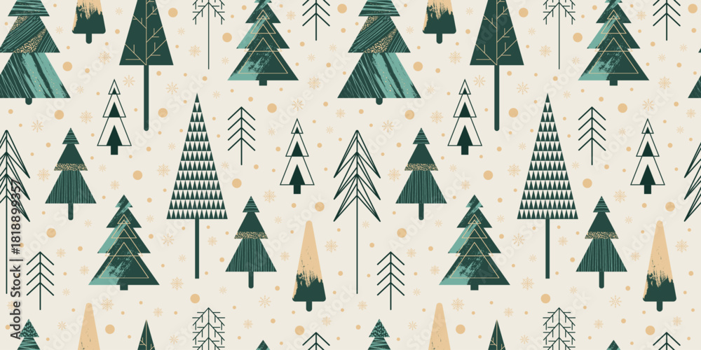 Obraz premium Seamless Christmas Banner With Seamless Pattern. Abstract drawing of Christmas trees with different textures in a minimalist style. Vector background for covers, postcards, printing, packaging