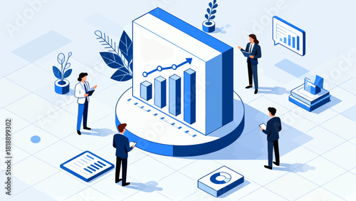 This isometric illustration shows business professionals analyzing a growing data graph, representing corporate data analysis, strategy planning, and collaborative business growth.