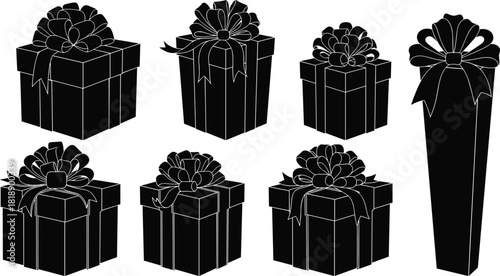 Collection of Black Gift Boxes with White Outline Ribbons and Bows present celebration