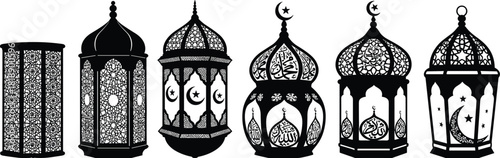 Collection of black Islamic lanterns with intricate patterns and Arabic calligraphy