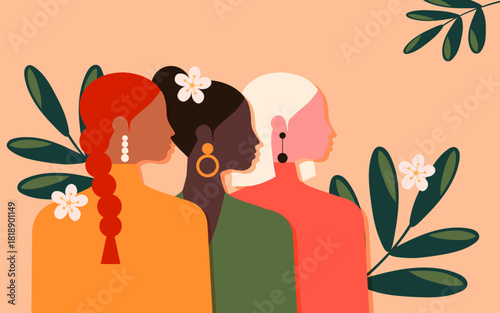 Women's History Month. Women of different ages, nationalities, and religions unite. Pink spring poster. Vector.