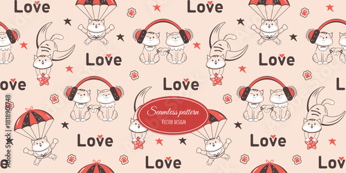 Seamless pattern with funny kittens for Valentine's Day. Vector design for bedding, fabrics, wallpaper, wrapping paper, and more.