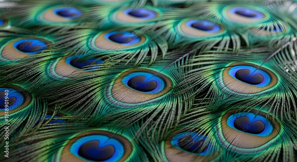 Obraz premium A vibrant closeup of peacock feathers showcasing their iridescent blues, greens, and golds, creating an intricate and mesmerizing pattern of natures beauty