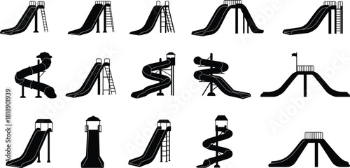 Playground Slides Silhouette Collection: Diverse Graphic Elements for Water Park Fun, Children's Play Areas, Outdoor Recreation, Summer Activities, Safety, and Adventure Vector Icons.