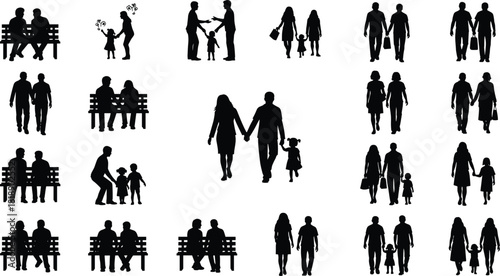 Silhouettes of diverse happy family groups, couples, and friends enjoying leisure time together outdoors, sitting on benches, walking, and holding hands, illustrating themes of love,
