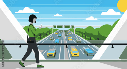 Woman walking on overpass enjoying city view during sunny day. Woman walking with phone in hand looking out over highway below, seeing cars and trucks.