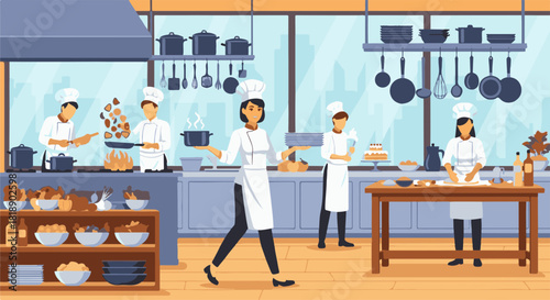Woman walking in a kitchen, surrounded by chefs cooking, demonstrating culinary prowess in professional setting. Woman is walking with assurance, adding movement to the scene featuring pots, pans,