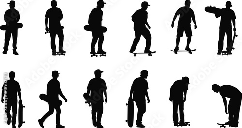 Skateboarding Culture Silhouette Vector Collection: Dynamic Black Silhouettes of Skaters Holding and Riding Skateboards, Capturing Street Sport, Youth Lifestyle, and Urban Extreme Activity.