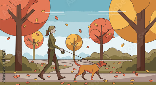 Woman walking her dog in park during autumn, with orange and brown leaves falling. This autumn walk illustrates peace and quiet with her furry friend. Enjoy your autumn walk,