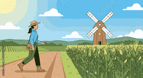 Woman walking along rural path with windmill on sunny day in summertime. Woman walking near corn field with blue shirt and hat, hills in background.