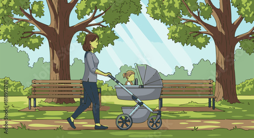 Woman walking in park with stroller, surrounded by lush greenery and tranquil scenery, showcases peaceful outdoor activity. Woman strolls gracefully,