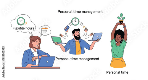 Diverse individuals demonstrating personal time management and flexible working hours for productivity and well being