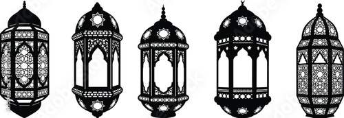 Five black Islamic lanterns with intricate geometric patterns and star motifs Ramadan