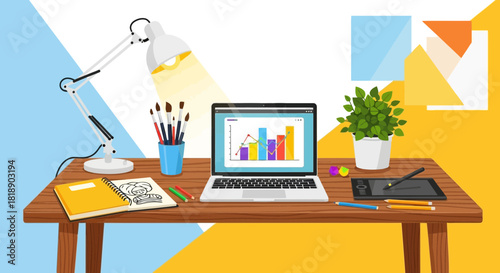 Creative workspace with laptop displaying charts and art supplies illustration