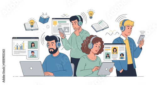 Diverse group of people wearing headphones learning and working remotely on various digital devices