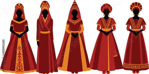 Five women in traditional red and orange dresses and headdresses female figures