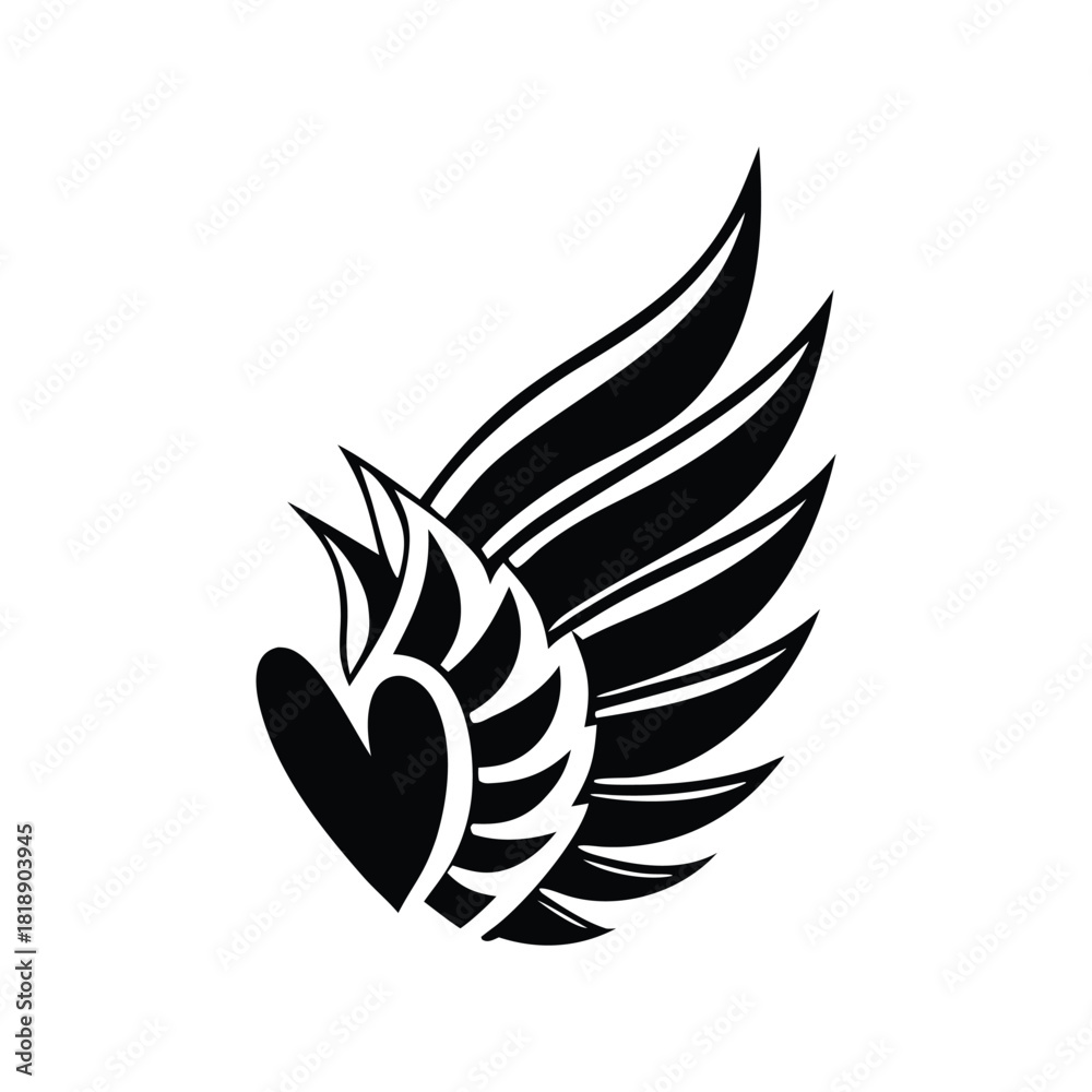 Obraz premium Stylized vector graphic of a heart with an attached angel wing. A symbol of love, freedom, and romance, perfect for a tattoo or logo design