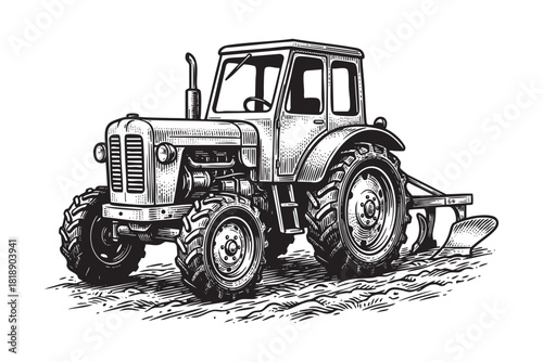 farm tractor engraving vector style