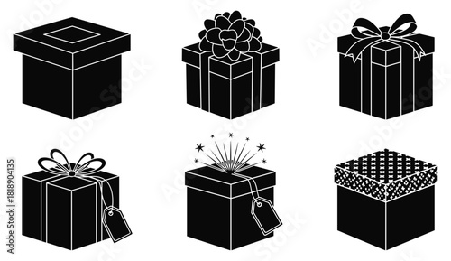 Six black isometric gift boxes with white outlines and various ribbons bows and patterns