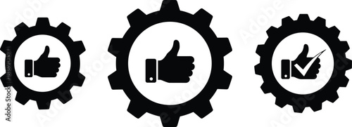Title: High Quality Production Gear Icon Set, Thumbs Up Checkmark Symbolizing Excellent Quality Control, Business Success, Premium Service, Workflow Efficiency, Optimization,