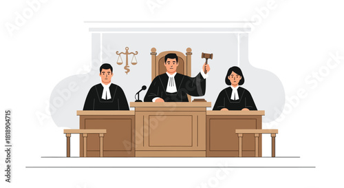Courtroom scene with three judges in black robes one holding a gavel symbolizing justice and legal proceedings