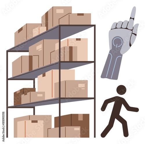 Stacked boxes on warehouse shelves, robotic hand gesture, human figure moving. Ideal for supply chain, automation, logistics, inventory, AI robotics efficiency. Simple flat metaphor