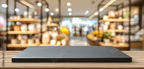 Wallpaper Mural Empty black stainless steel table top with blur background of shop interior. For product display, advertisement. Stainless steel surface, metal counter, shelf, product placement. Perfect for Torontodigital.ca