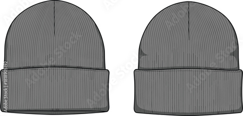 Vector technical sketch of grey knitted beanie hat, fashion CAD illustration showing front and back views, winter accessory design template, flat drawing
